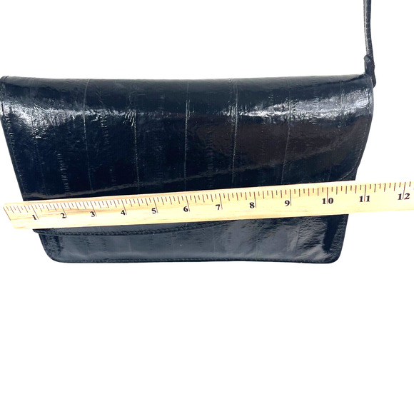 VTG 70s Vivace Black Patent Eel Skin Medium Purse Envelope Clutch Asymmetrical - Picture 9 of 12